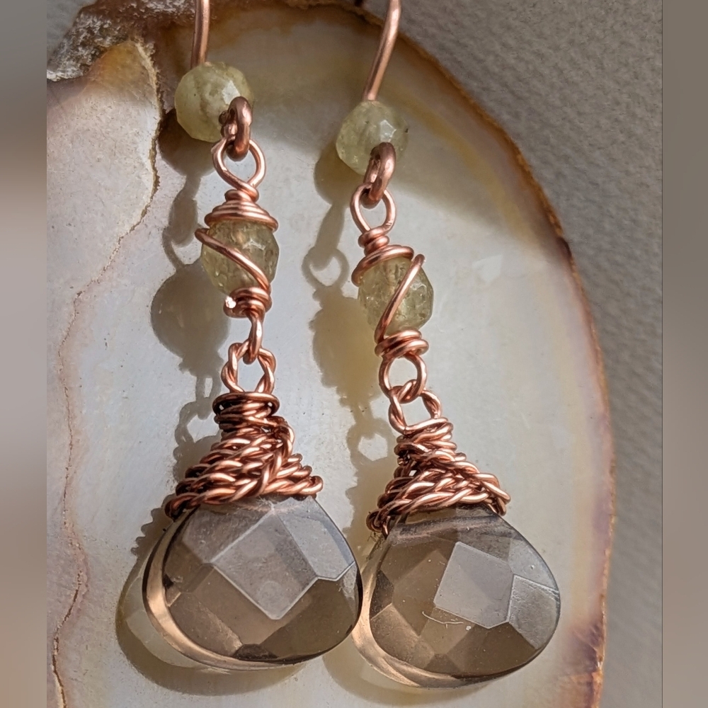 Smokey Quartz Earrings Green Garnet Accents Dangle Drop Artisan Handmade - Picture 10 of 12